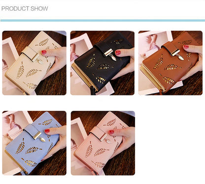 Portefeuille Long Femme Cuir PU Feuilles Dorées - Clutch Porte-Cartes Monnaie Élégant