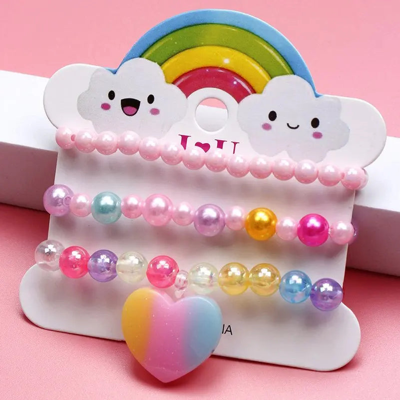 Ensemble 3 Bracelets Perles Cartoon Mignons Enfants – Princesse Licorne Fruits Chat Filles
