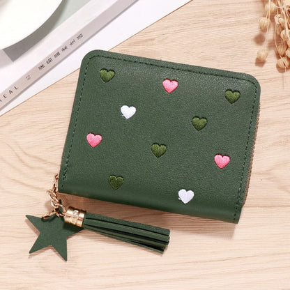 Portefeuille Femme Mini Court Pompon Zippé - Porte-Monnaie Cuir PU Cute Porte-Carte Main Vert