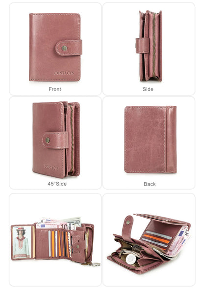 Portefeuille Femme Cuir Véritable Luxe Rose - Porte-Monnaie Compact Fermoir Hasp Porte-Carte Qualité