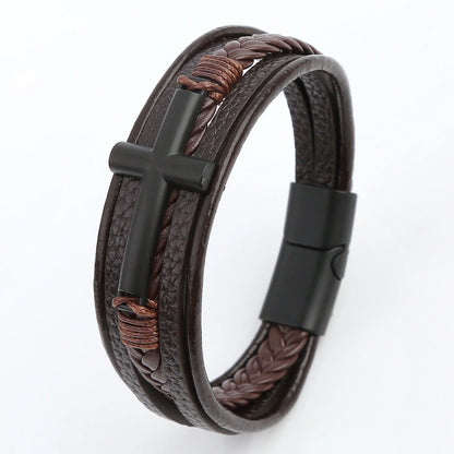 Bracelet Cuir Tressé Multicouche Punk – Boucle Magnétique Croix Homme
