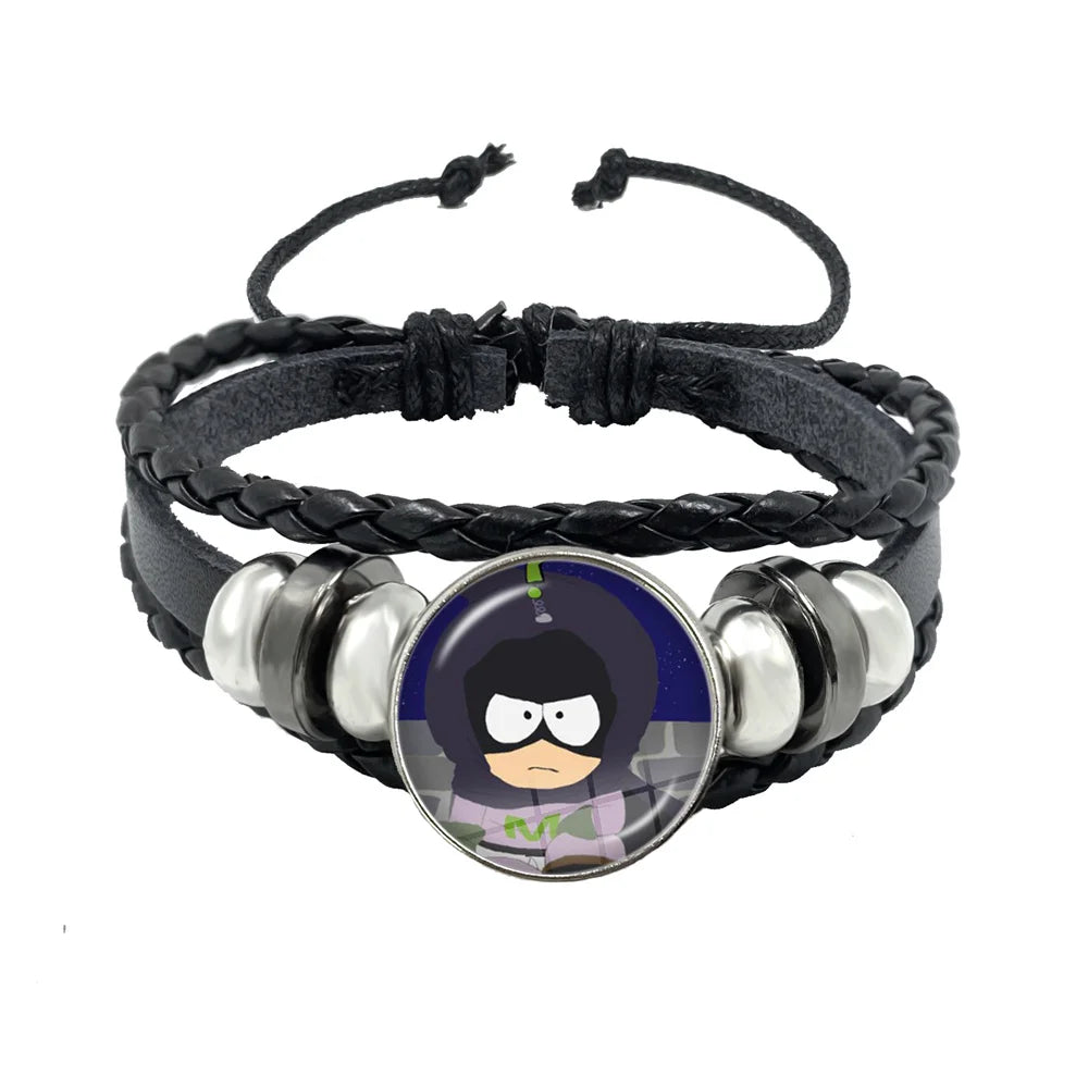 Bracelet South Park Cabochon Verre – Cuir Multicouche Tressé Fait Main Unisexe