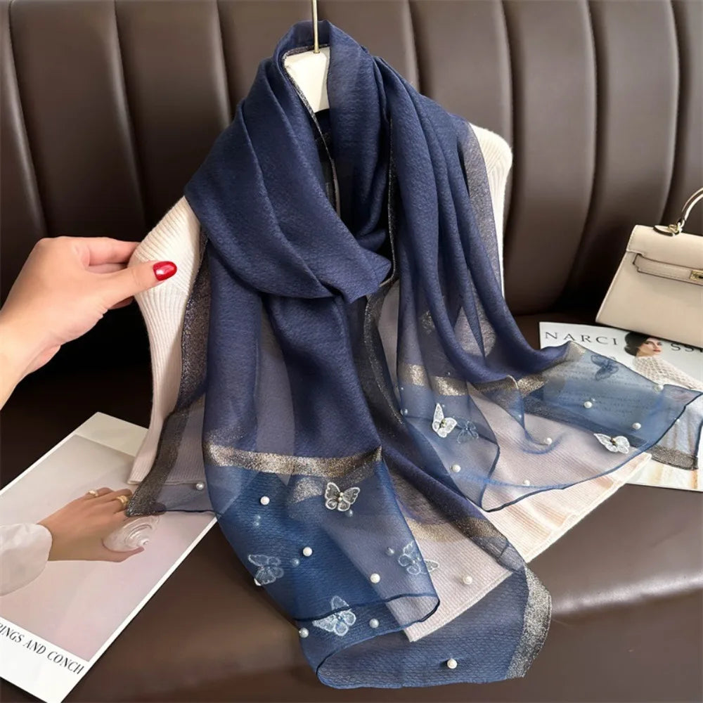 Foulard Soie Broderie Papillon Femme - Écharpe Châle Hijab Luxe Léger Élégant