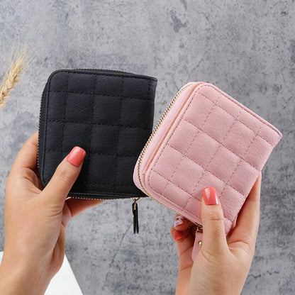 Portefeuille Court Femme Cuir PU à Carreaux - Petit Porte-Cartes Zip avec Porte-Monnaie