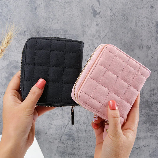 Women's Short Checkered PU Leather Wallet - Small Zip Card Holder with Coin Purse