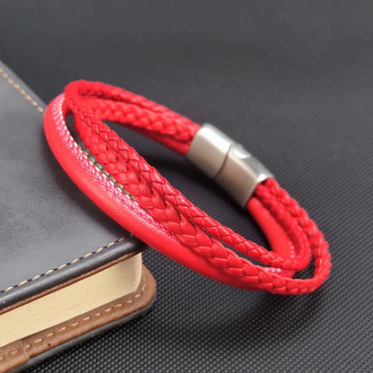 Bracelet Perles Cuir Rouge Tressé – Boucle Acier Inoxydable Unisexe