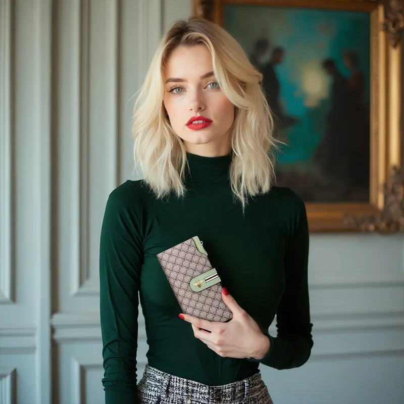 Portefeuille Femme Long Personnalisé Porte-Carte - Sac à Main Multifonction Téléphone Vert Tendance