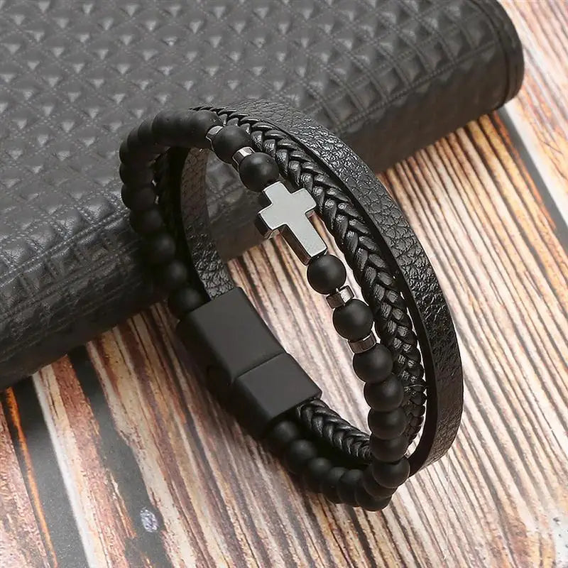 Bracelet en Cuir Tissé Main Multi-Couches pour Homme - Combinaison Classique Punk