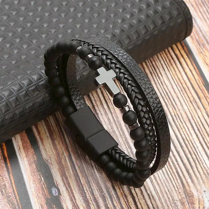 Bracelet en Cuir Tissé Main Multi-Couches pour Homme - Combinaison Classique Punk