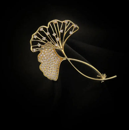 Broche Feuille Ginkgo Rétro Élégante Strass – Pin's Plante Corsage Luxe Femme