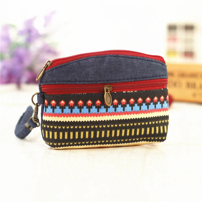 Porte-Monnaie Ethnique en Coton - Pochette Double Zip pour Femme et Enfant