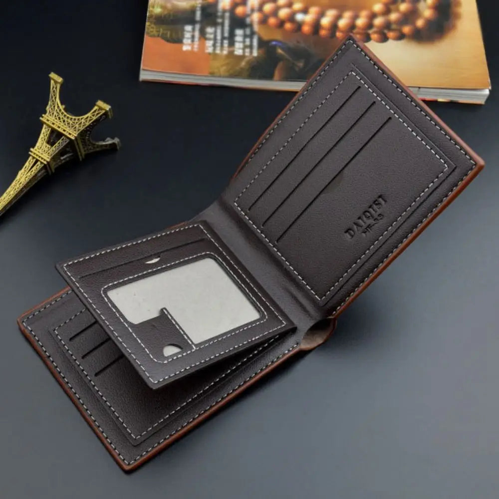 Portefeuille Homme Court Cuir PU Bifold Business - Porte-Carte Crédit Cash Bag Couleur Unie Café