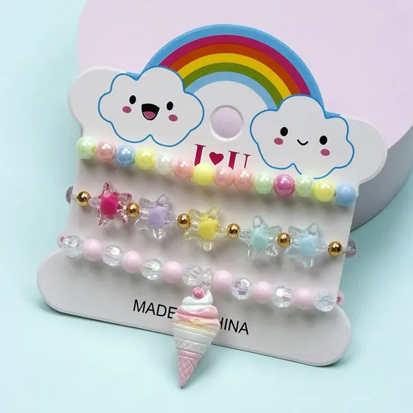 Ensemble 3 Bracelets Perles Cartoon Mignons Enfants – Princesse Licorne Fruits Chat Filles