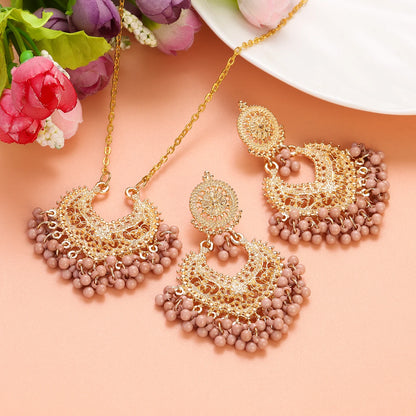 Ensemble Bijoux Indien Perles Pompons Doré – Collier Boucles Vintage