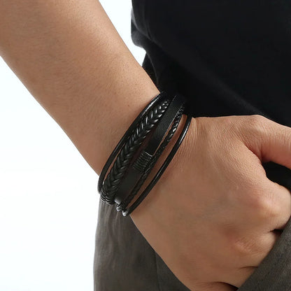 Bracelet en Cuir Véritable Multi-Couches Tressé pour Homme - Style Enroulé