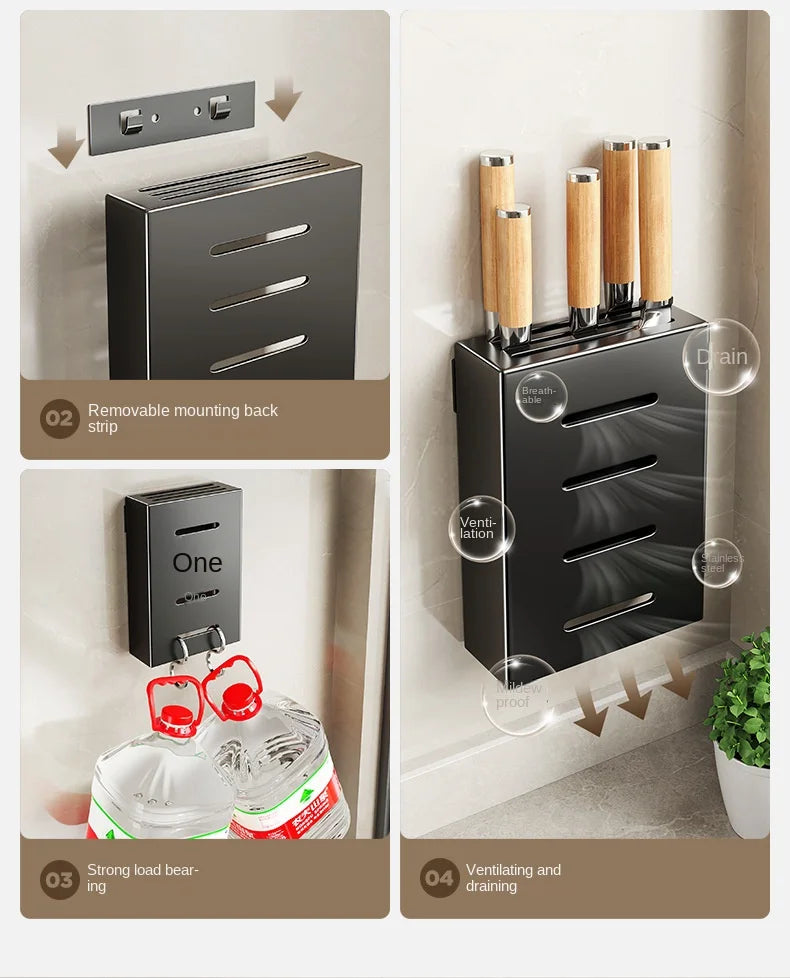 Porte-Couteaux Mural de Cuisine - Rangement Sans Perçage en Acier au Carbone