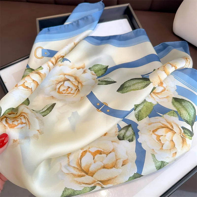 Foulard Carré Soie 70cm Imprimé Rose Femme - Écharpe Printemps Été Headscarf Bandana