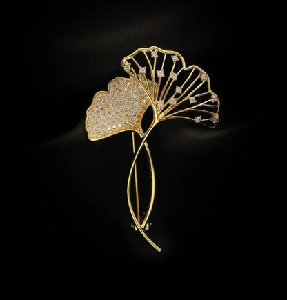Broche Feuille Ginkgo Rétro Élégante Strass – Pin's Plante Corsage Luxe Femme