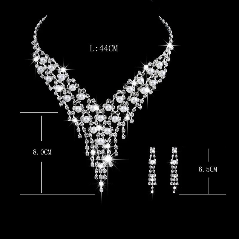 Parure Mariée Perles et Pompons Longs - Collier et Boucles Cristaux Zircon