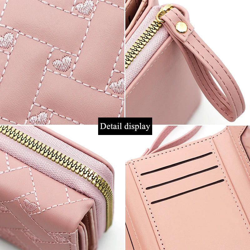 Portefeuille Femme Tri-Fold Cuir PU Brodé - Porte-Cartes Court Motif Cœur Minimaliste