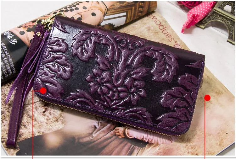 Portefeuille Femme Cuir Véritable Vintage Floral - Grande Capacité Clutch Pochette en Cuir de Vache