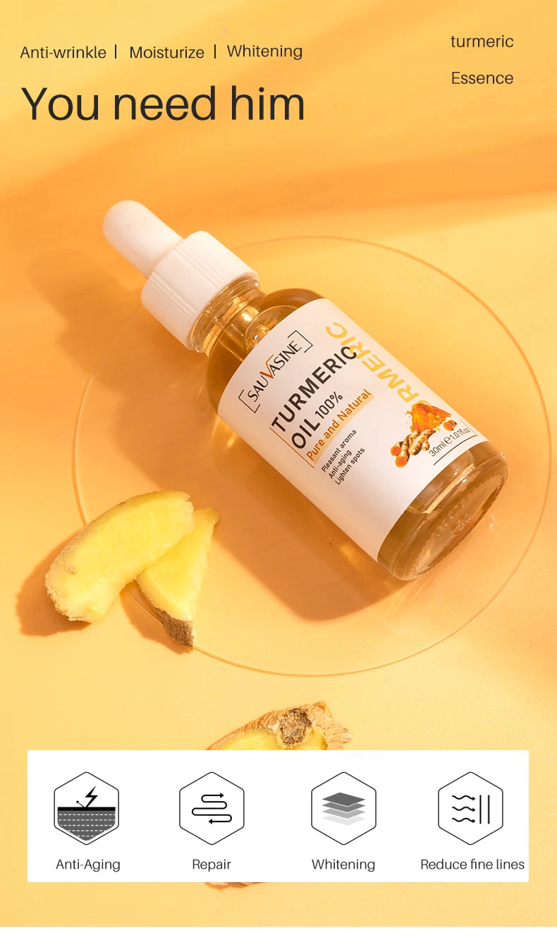 Huile Curcuma 100% Pure 10ml - Sérum Anti-Âge Rides Éclaircissant Taches Brunes Ridules Visage Femme