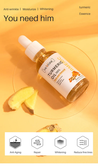 Huile Curcuma 100% Pure 10ml - Sérum Anti-Âge Rides Éclaircissant Taches Brunes Ridules Visage Femme
