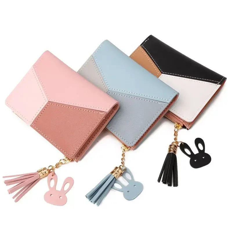 Portefeuille Court Femme Cuir PU avec Pompon - Porte-Cartes Pliable Portable