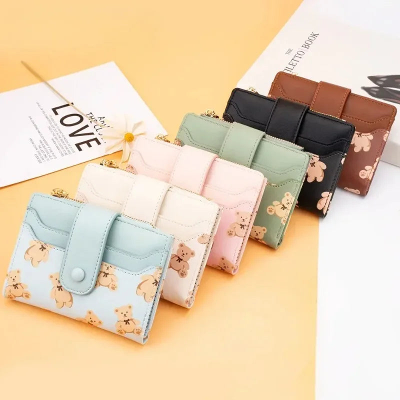 Portefeuille Femme Court Ourson Mignon - Bifold Cuir PU Porte-Cartes Zipper Bleu