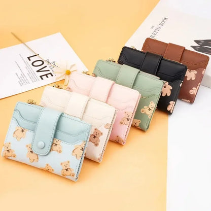 Portefeuille Femme Court Ourson Mignon - Bifold Cuir PU Porte-Cartes Zipper Bleu