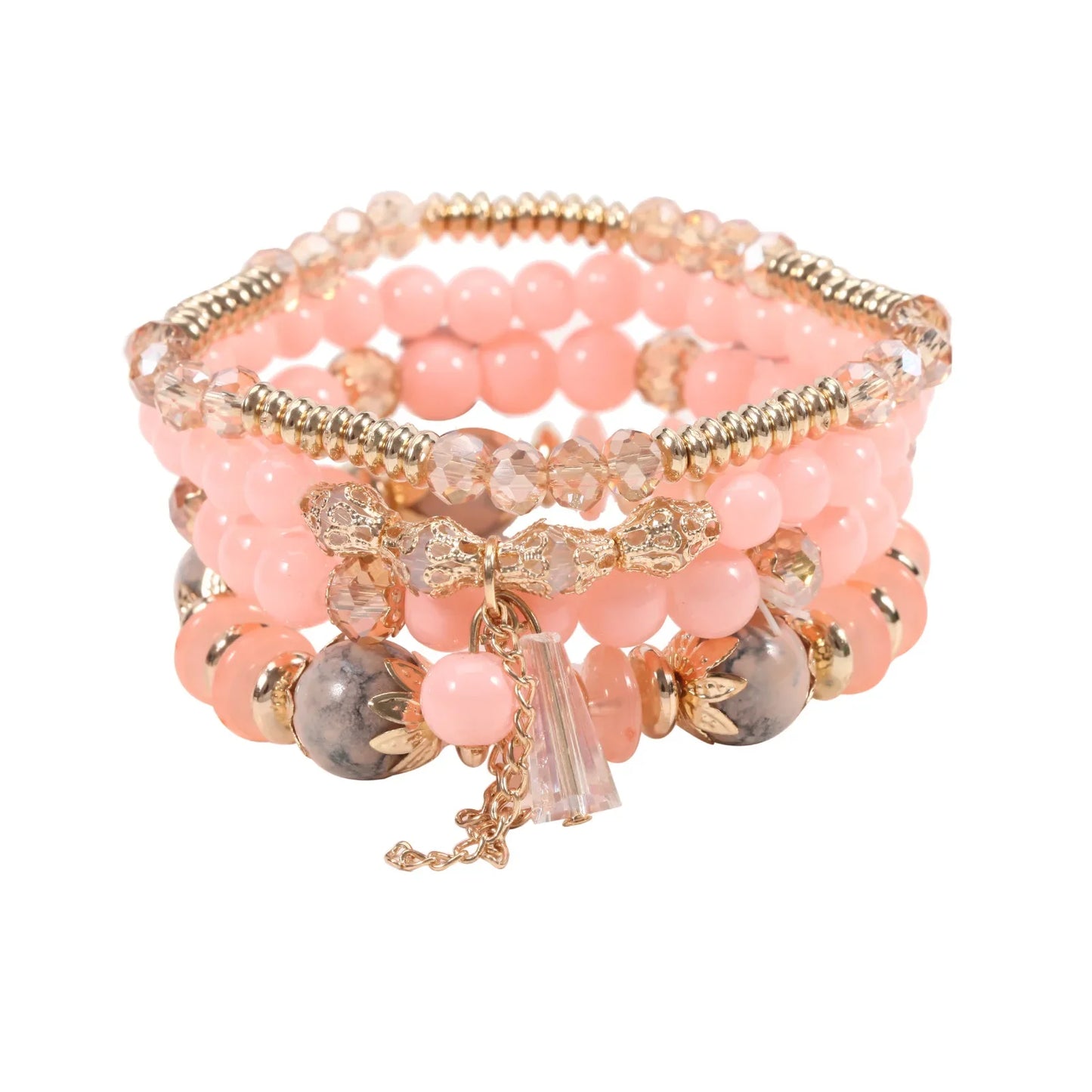 Set de 4 Bracelets Bohèmes Perles Verre Colorées - Pompons et Charms