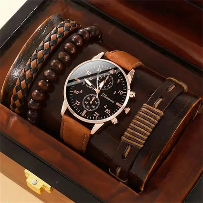 SHAARMS Montre Quartz Homme — Bracelet Cuir, Cadran Rond, Coffret Cadeau