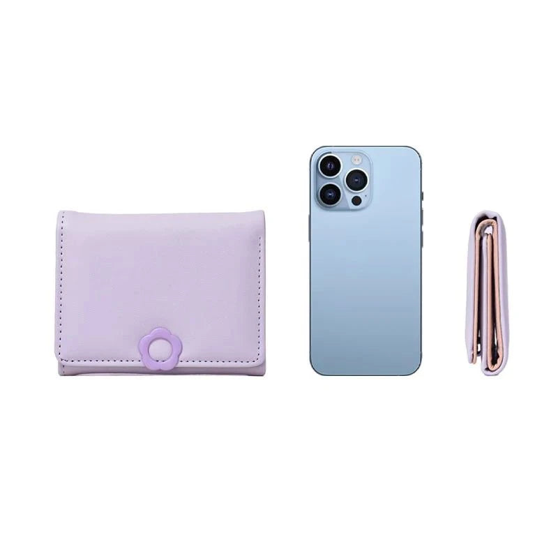 Portefeuille Femme Tri-Fold Cuir PU Bouton Fantaisie - Porte-Cartes Court Porte-Monnaie