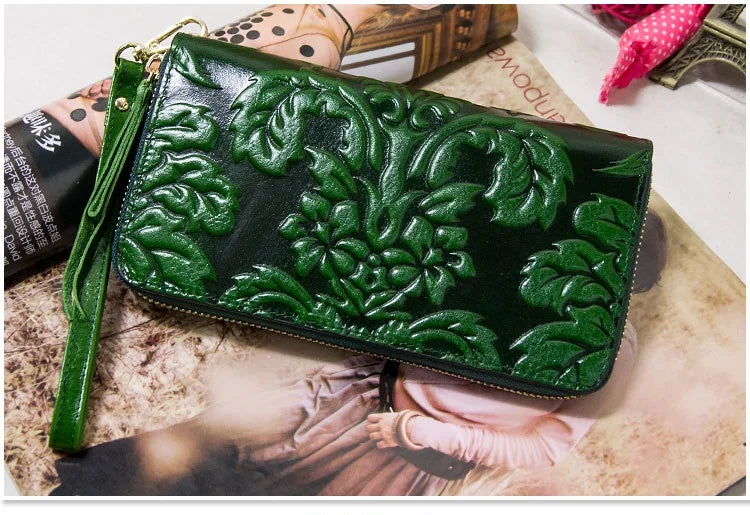 Portefeuille Femme Cuir Véritable Vintage Floral - Grande Capacité Clutch Pochette en Cuir de Vache