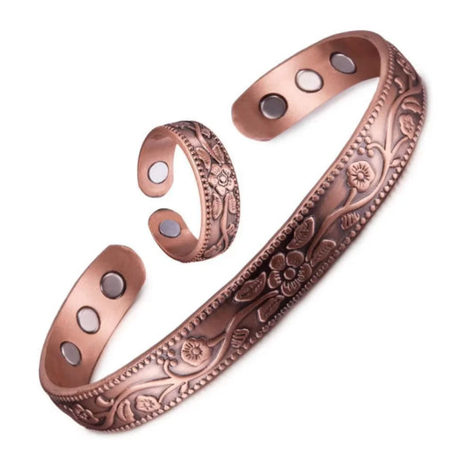 Bracelet & Bague Fleur Rétro Cuivre Ancien Magnétique – Set Ajustable Unisexe