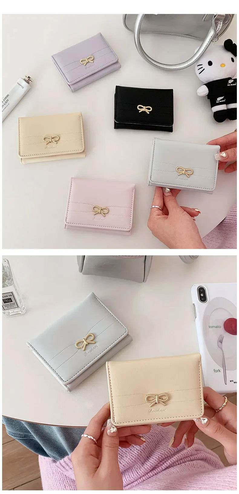 Portefeuille Femme Nœud Mignon Tri-Fold - Wallet Étudiant Porte-Cartes Porte-Monnaie Noir