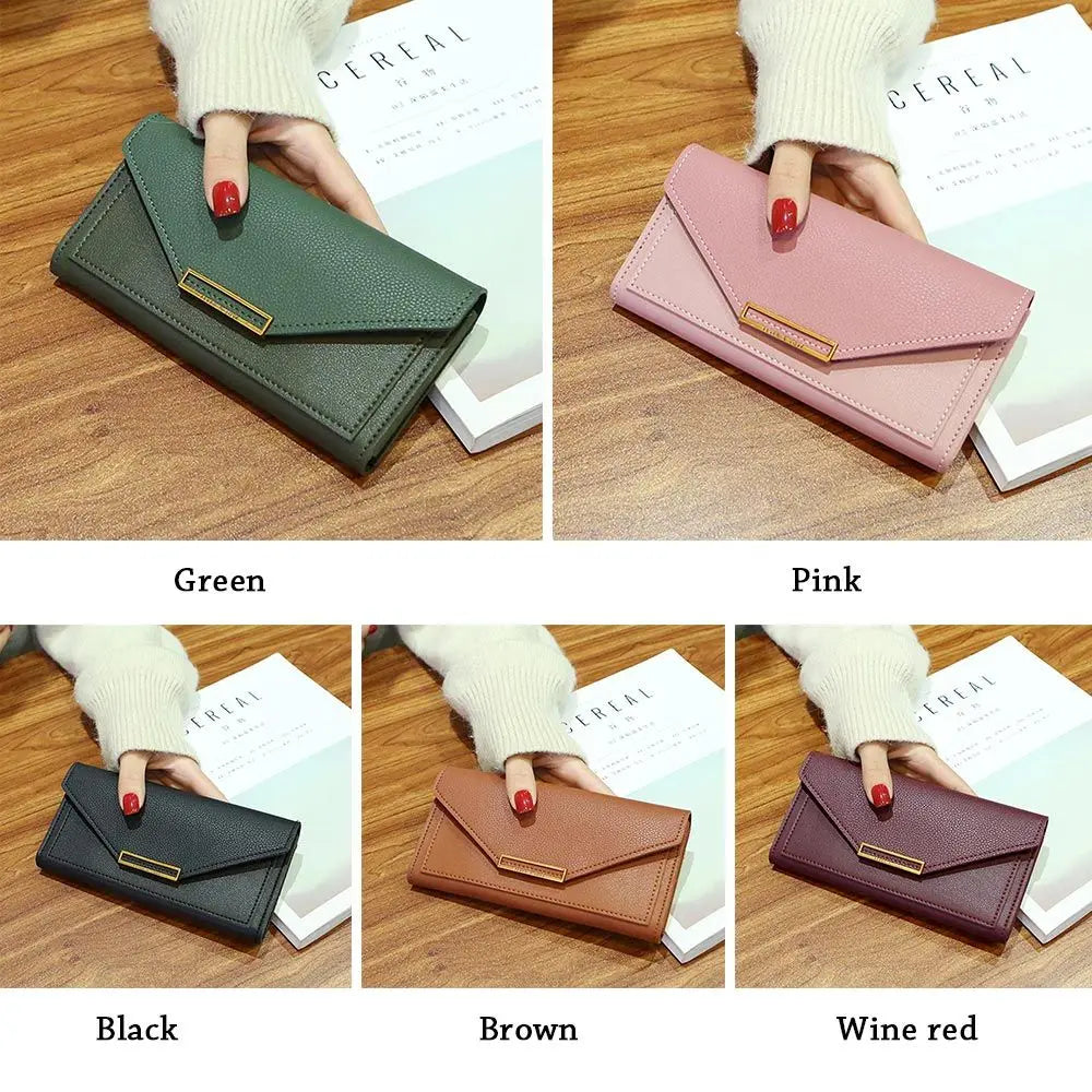 Portefeuille Femme Long Cuir PU Fermoir - Porte-Monnaie Clutch Téléphone 5 Couleurs Noir