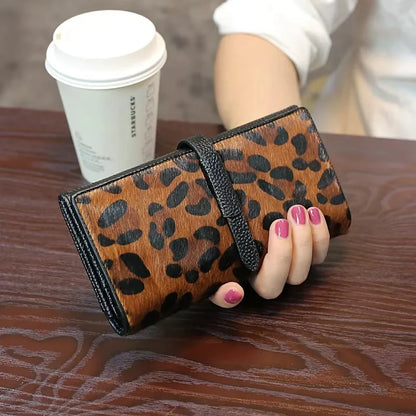 Portefeuille Femme Cuir Véritable Léopard Noir - Clutch Luxe Designer Long 2026