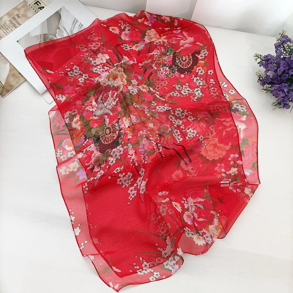 Foulard Écharpe Mousseline Georgette Femme Fleur Prune - Bandana Été Léger Respirant