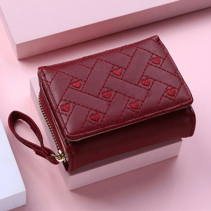 Portefeuille Femme Mignon Cœur Brodé Cuir PU - Trifold Multi-Cartes avec Porte-Monnaie