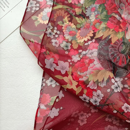 Foulard Écharpe Mousseline Georgette Femme Fleur Prune - Bandana Été Léger Respirant