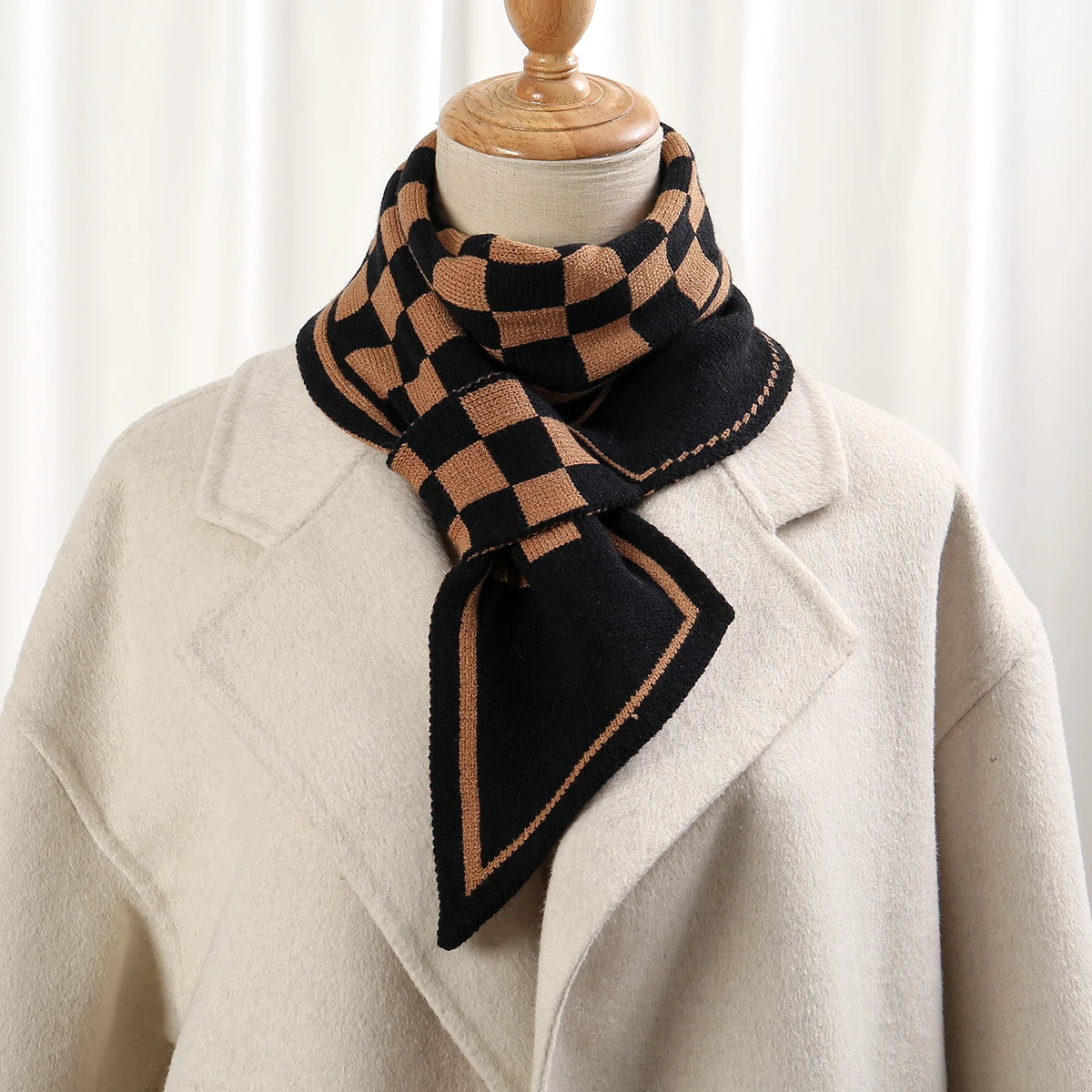Foulard Écharpe Pied-de-Poule Luxe Femme - Tricot Long Mince Hiver Cou