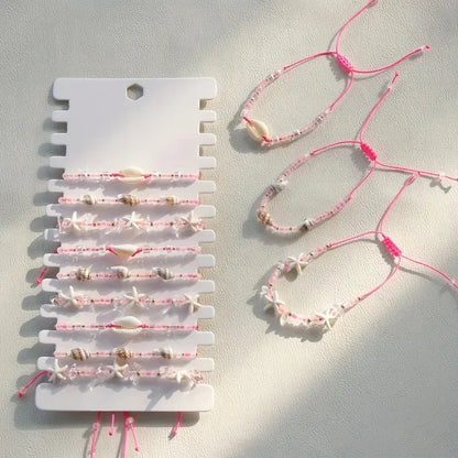 Ensemble 12 Bracelets Tressés Main Roses Coquillages – Ajustables Plage