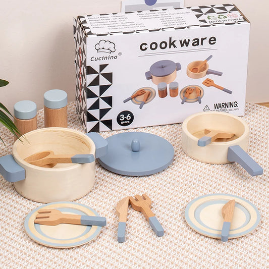 Cuisine Jouet en Bois Bleu - Set Chef Complet Casseroles et Aliments pour Jeu de Rôle 3-6 Ans
