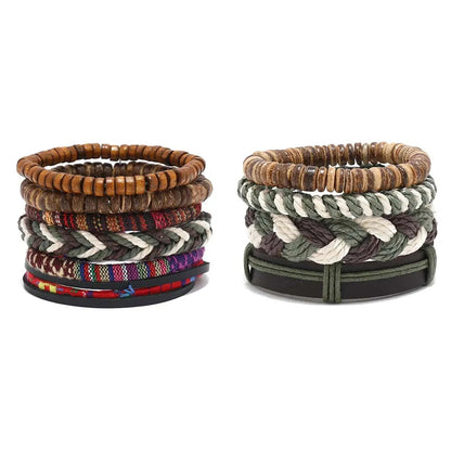 Bracelet Bohème Cuir & Perles Bois Homme – Tressé Main, 26 Coloris