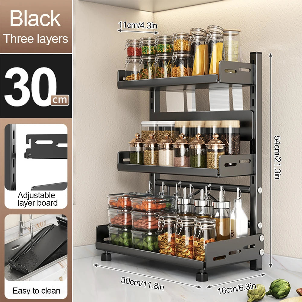 Porte-Épices 3 Niveaux en Métal avec Porte-Couteaux - Organisateur de Comptoir Ajustable Noir