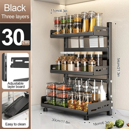 Porte-Épices 3 Niveaux en Métal avec Porte-Couteaux - Organisateur de Comptoir Ajustable Noir
