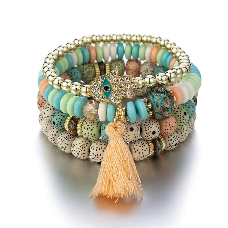 Bracelet Bohème Main Bouddha Turquoise Pompons – Ethnique Spirituel Vintage