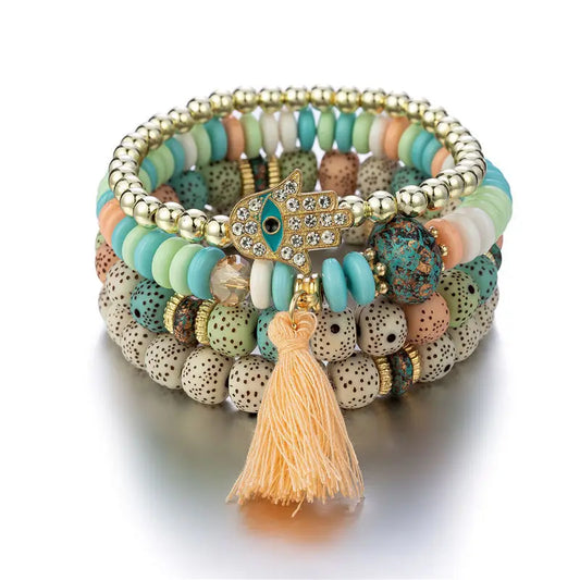 Bracelet Bohème Main Bouddha Turquoise Pompons – Ethnique Spirituel Vintage