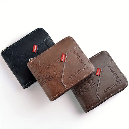 Portefeuille Homme Cuir PU Cire Huile - Court Porte-Monnaie Fermeture Éclair Porte-Cartes